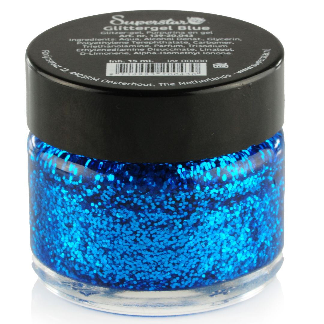 superstar glittergel blauw 15ml, stralende blauwe glittergel voor schminkdesigns, verkrijgbaar bij SchminkenGrime.nl Superstar Glittergel Blauw 15ml met levendige blauwe glans, ideaal voor gezicht en lichaam, verkrijgbaar bij SchminkenGrime.nl