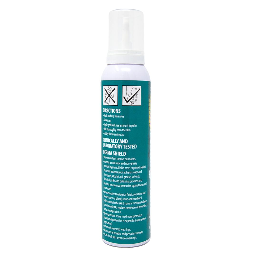 Derma Shield 150ml achterkant, gebruiksinstructies foam, verkrijgbaar bij SchminkenGrime.nl Achterkant van de 150ml Derma Shield flacon met uitleg over gebruik en bescherming, verkrijgbaar bij SchminkenGrime.nl