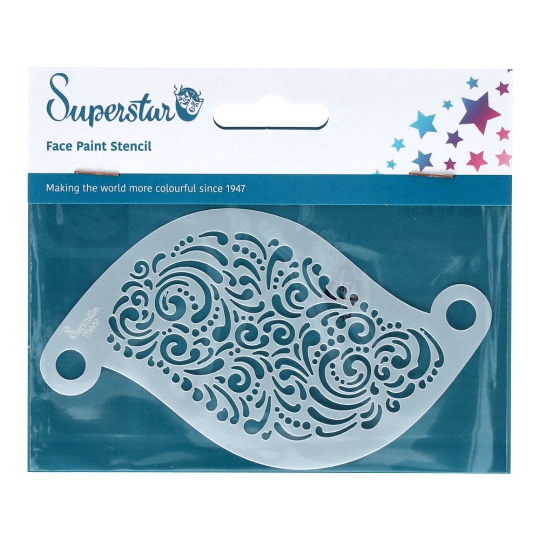 : Superstar schminksjabloon Curly Wurly met sierlijke swirls en krullen, mooi voor decoratieve schmink, verkrijgbaar bij SchminkenGrime.nl