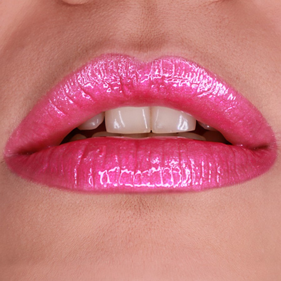 Grimas Lipgloss Electric Pink op de lippen, verkrijgbaar bij SchminkenGrime.nl