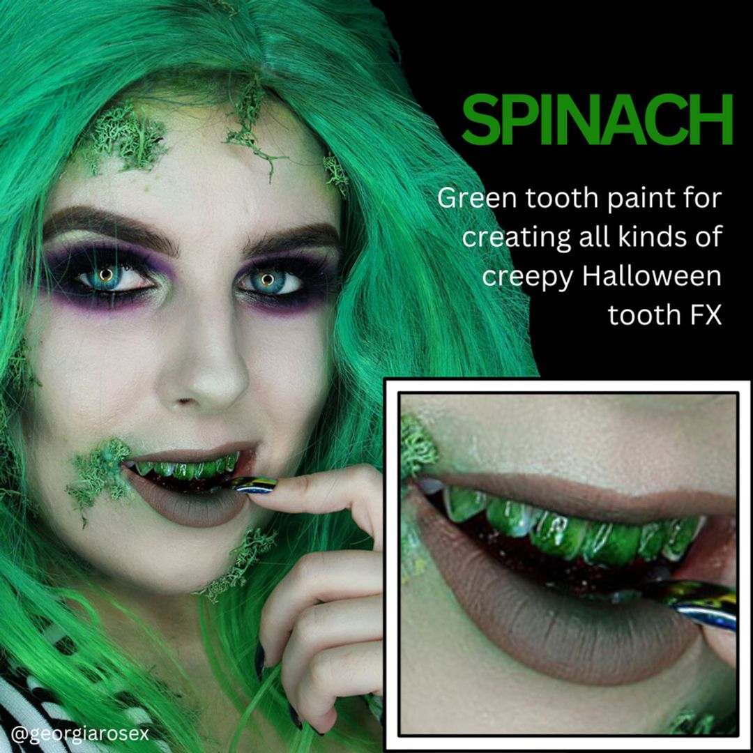 Groene tanden gemaakt met Mehron Tooth FX Spinach – perfect voor Halloween FX looks, via SchminkenGrime.nl