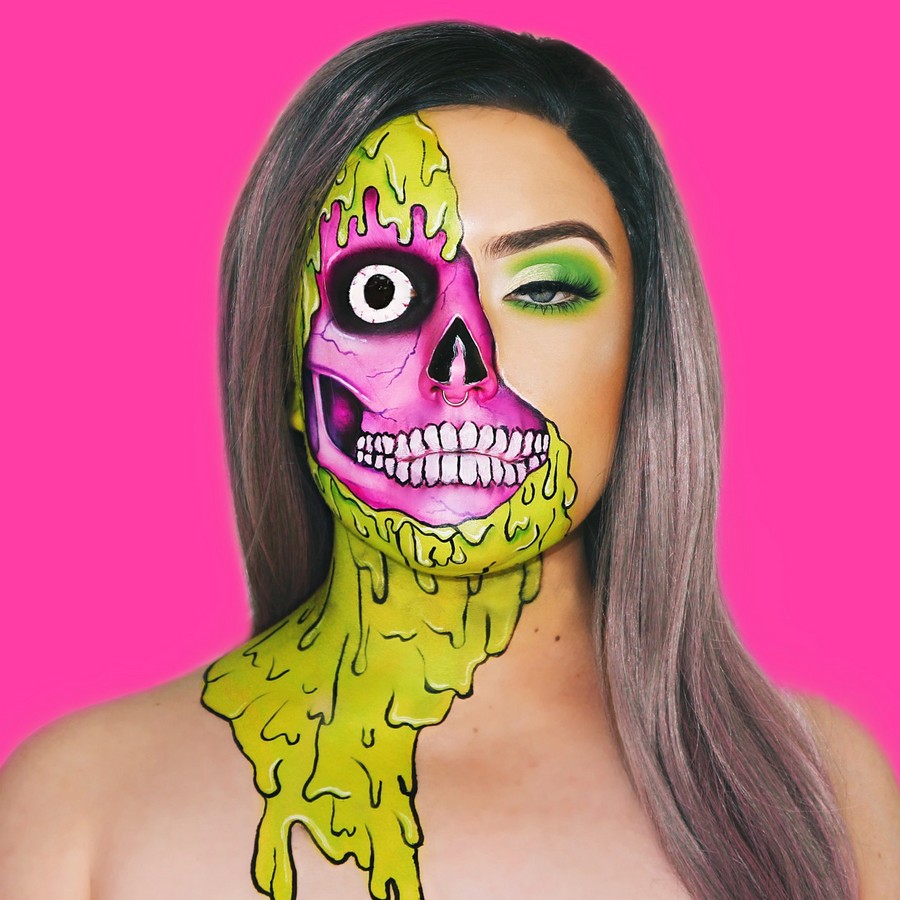 Mehron Paradise Makeup Lime, verwerkt in kleurrijke popart skull look, verkrijgbaar bij SchminkenGrime.nl Bodypaint creatie met felgroene Mehron Paradise Lime in popart stijl op gezicht en hals, verkrijgbaar bij SchminkenGrime.nl