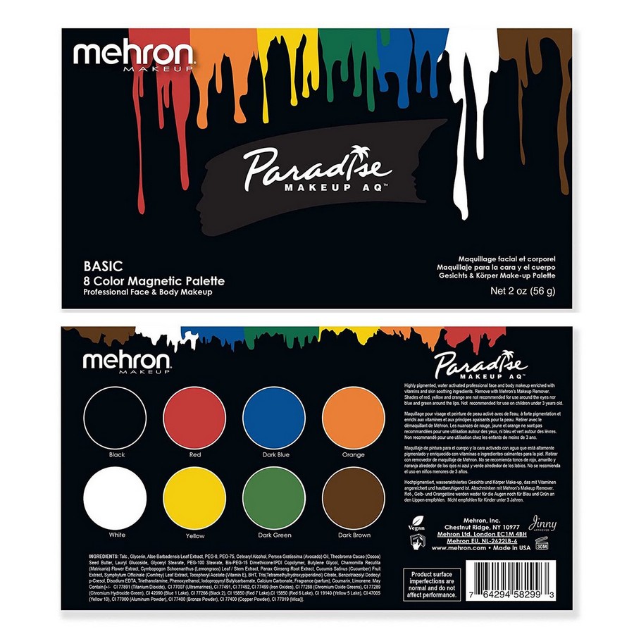 Verpakking van het Mehron Paradise Basic Palette 8 kleuren | SchminkenGrime.nl Voor- en achterkant van de verpakking van het Mehron Paradise Basic Palette, verkrijgbaar bij SchminkenGrime.nl