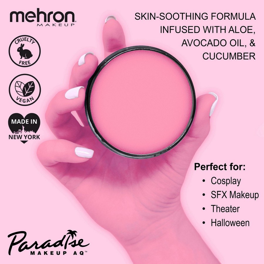 Vegan facepaint Mehron Paradise Makeup AQ™ Pastel Pink (40 gram) Mehron Paradise Makeup AQ™ Pastel Pink (40 gram) in hand met info over vegan formule met aloë, avocado-olie en komkommer, geschikt voor cosplay en theater.