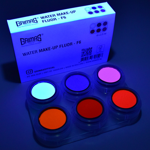 Grimas Schmink Fluor 6-Palette UV – Intens oplichtende UV-schmink die fel straalt onder blacklight voor een spectaculair neon effect.