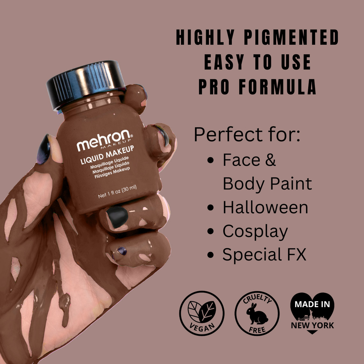 Mehron Liquid Makeup Sable Brown 30ml, info en toepassingen, verkrijgbaar bij SchminkenGrime.nl Informatieve afbeelding van Mehron Liquid Makeup Sable Brown (30ml), vegan en cruelty-free schmink, geschikt voor facepaint, cosplay en SFX, verkrijgbaar bij SchminkenGrime.nl