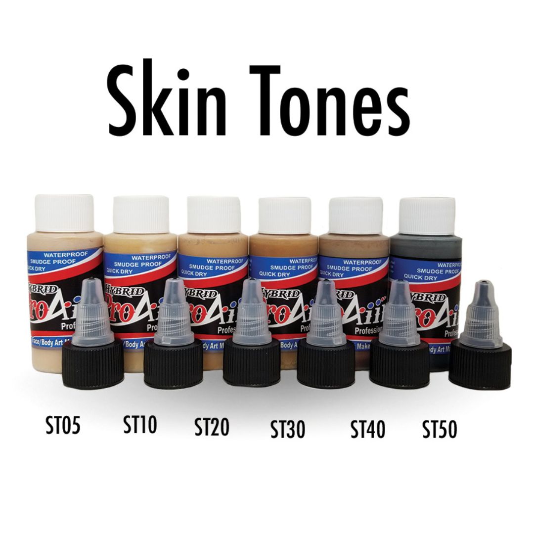 ProAiir Hybrid 6×30ml Skintone Pack, airbrush schmink in huidtinten, verkrijgbaar bij SchminkenGrime.nl Set van 6 ProAiir Hybrid flacons met watervaste airbrush schmink in huidtinten ST05 t/m ST50, geschikt voor professioneel gebruik in grime, SFX en bodypaint, verkrijgbaar bij SchminkenGrime.nl