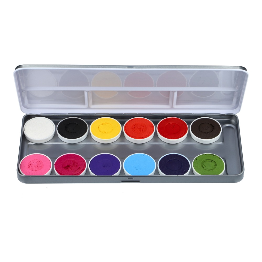 Superstar schminkpalet Sparkling Faces open met twaalf kleuren waterschmink: wit, zwart, geel, oranje, rood, bruin, roze, magenta, paars, lichtblauw, donkerblauw en groen