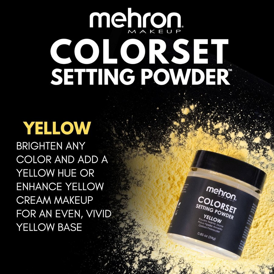 Mehron Colorset Powder Bold Geel matteert en intensiveert gele crème-schmink in één stap.