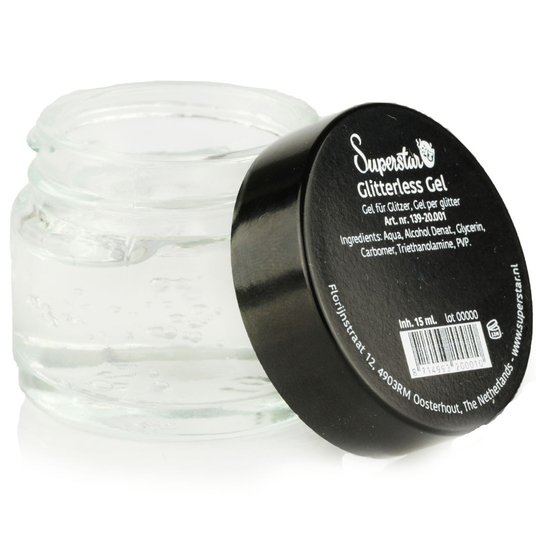superstar glitterless gel 15ml, transparante gel zonder glitters voor fixatie of blending, verkrijgbaar bij SchminkenGrime.nl Superstar Glitterless Gel 15ml zonder glitter, transparant en geschikt als basisgel, verkrijgbaar bij SchminkenGrime.nl