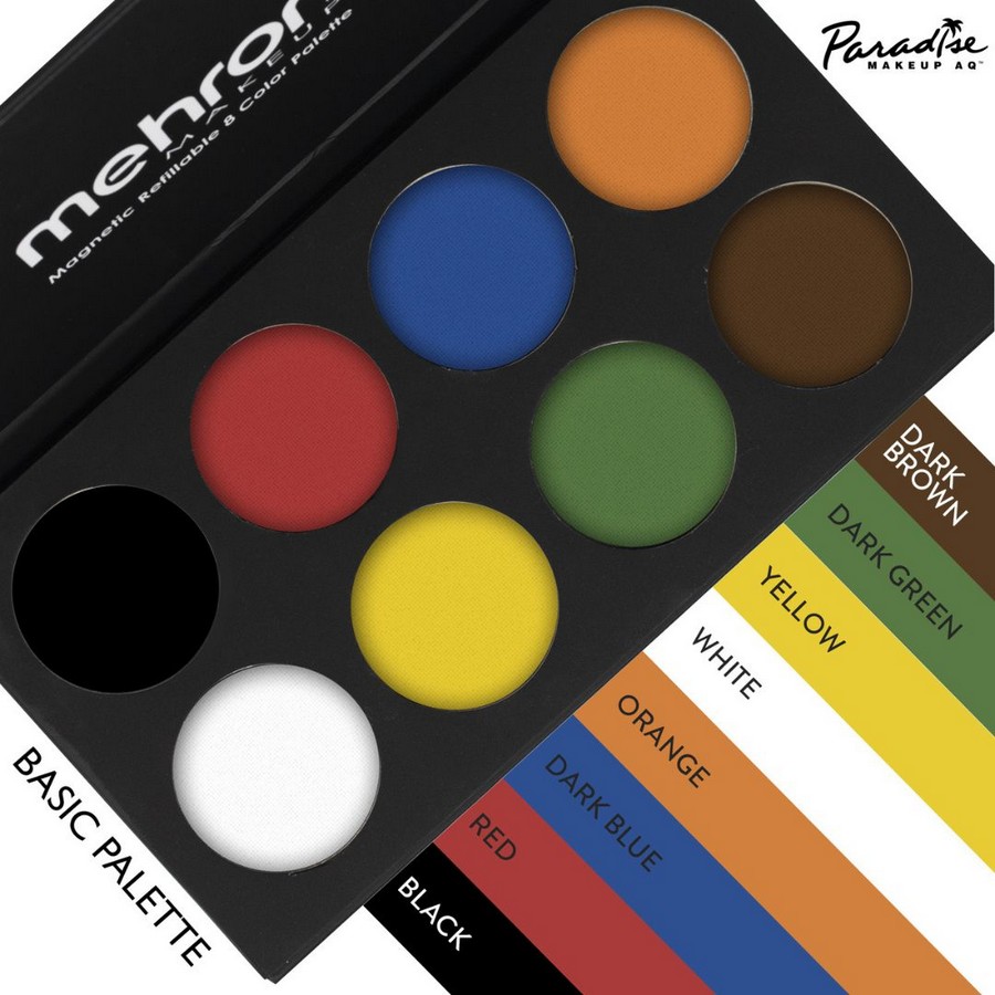 Mehron Paradise Basic Palette overzicht 8 kleuren | SchminkenGrime.nl Overzicht van 8 basiskleuren in het Mehron Paradise Makeup Palette, verkrijgbaar bij SchminkenGrime.nl