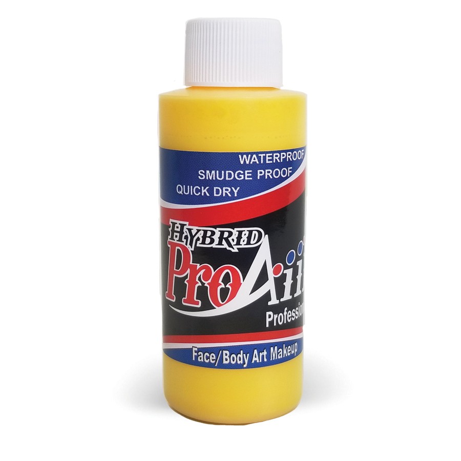 ProAiir Hybrid Yellow 60ml fles met felle gele airbrush schmink op alcoholbasis, geschikt voor festivals, kindergrime of accenten, verkrijgbaar bij SchminkenGrime.nl