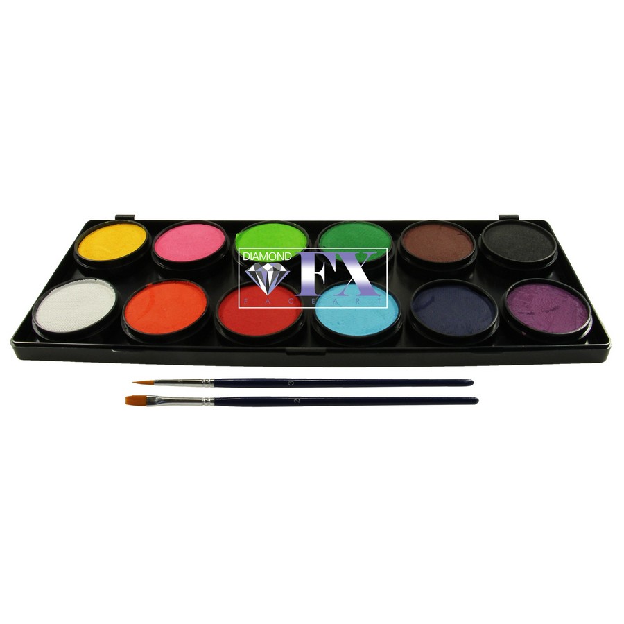 Diamond FX Essential Palette – 12 Kleuren x 10 Gram, bestel bij SchminkenGrime.nl Basis schminkpalette van Diamond FX met essentiële kleuren voor veelzijdig gebruik, verkrijgbaar bij SchminkenGrime.nl