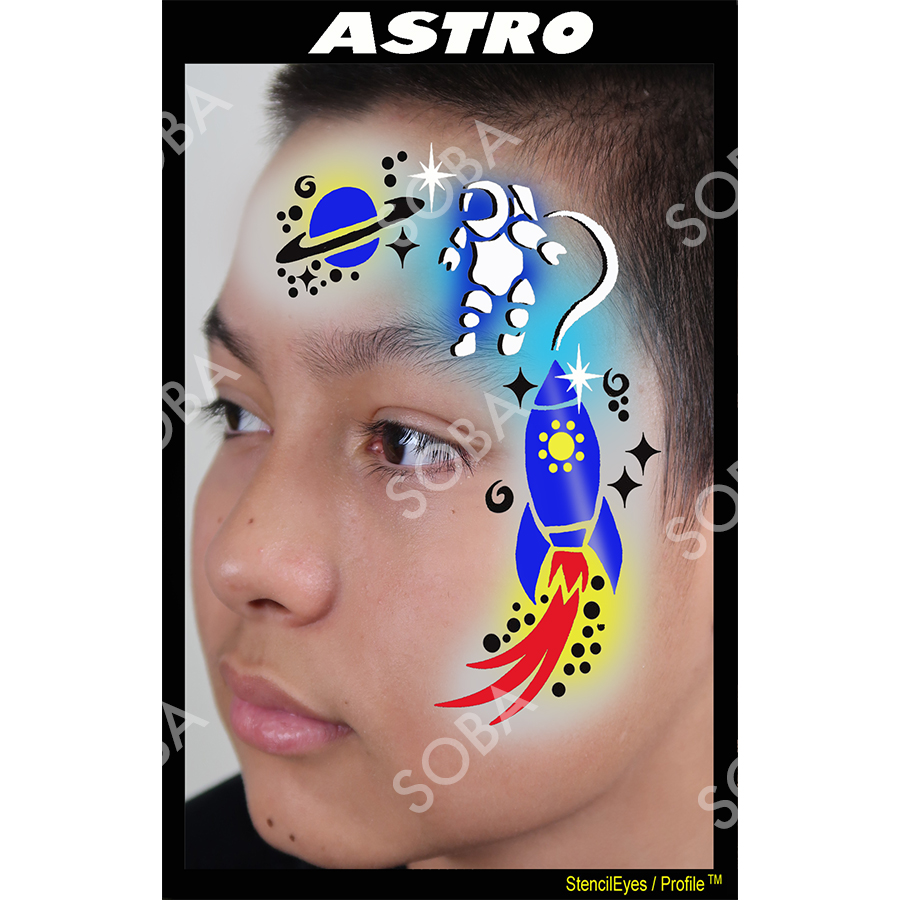 ProAiir Profile Stencil Astro met sterren en planeetvormen, ideaal voor galactische schminkdesigns, verkrijgbaar bij SchminkenGrime.nl