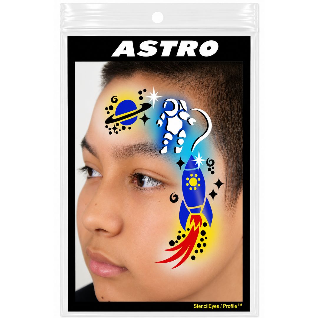 ProAiir Profile Stencil Astro met sterren en planeetvormen, ideaal voor galactische schminkdesigns, verkrijgbaar bij SchminkenGrime.nl