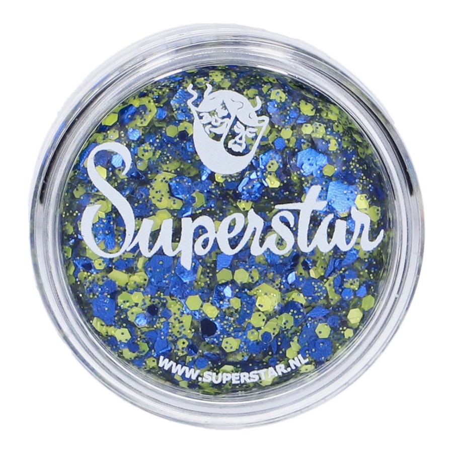 Superstar Chunky Glitter Cream Blue Yellow detail van glitterstructuur, verkrijgbaar bij SchminkenGrime.nl