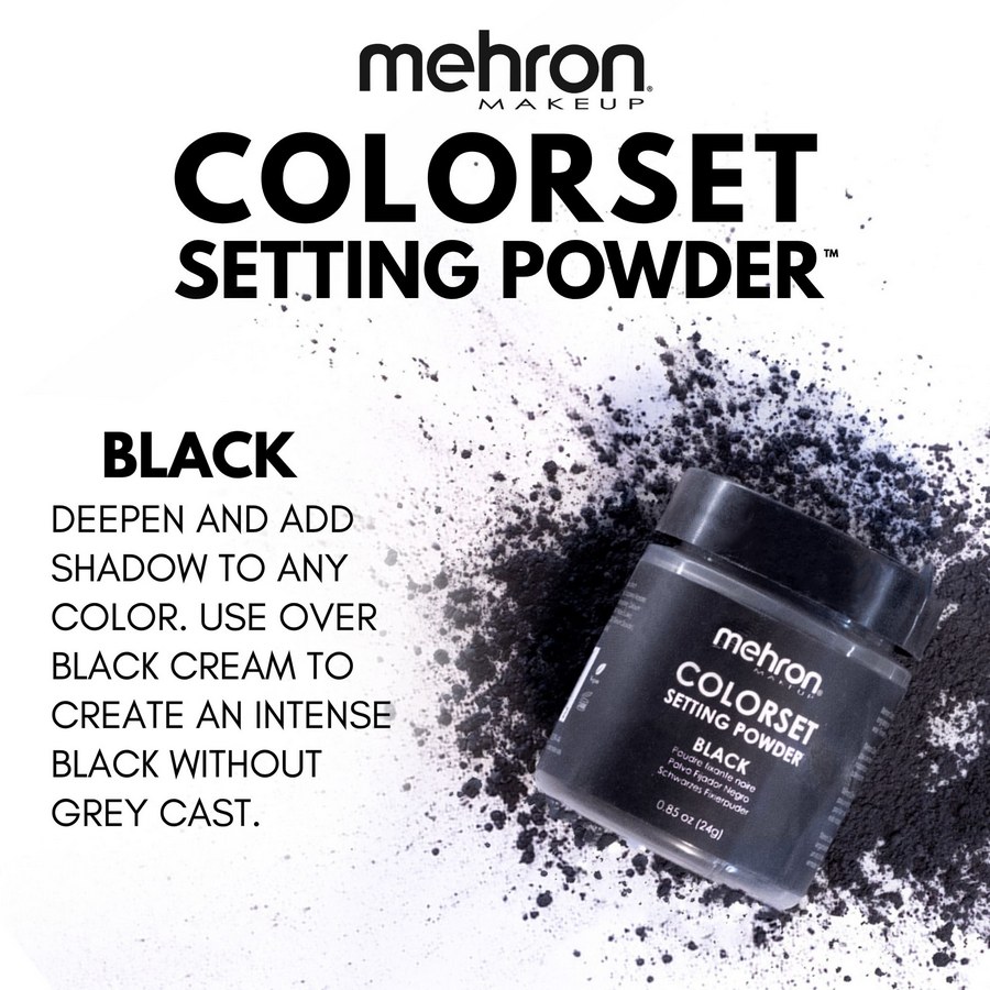 Mehron Colorset Powder Bold Zwart matteert en verdiept zwarte crème-schmink in één stap.