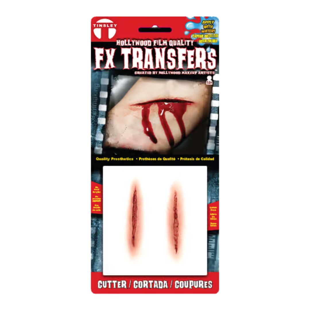 Productverpakking van Tinsley Transfers Cutter 3D FX Transfer met afbeelding van snijwond en bloed, Hollywood FX kwaliteit, verkrijgbaar bij SchminkenGrime.nl