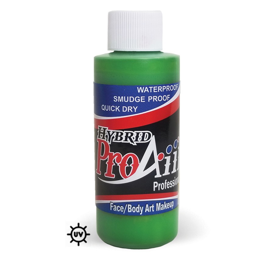 ProAiir Hybrid Gamma 60ml fles met uv groene airbrush schmink, op alcoholbasis, watervast en blacklight-reactief, verkrijgbaar bij SchminkenGrime.nl