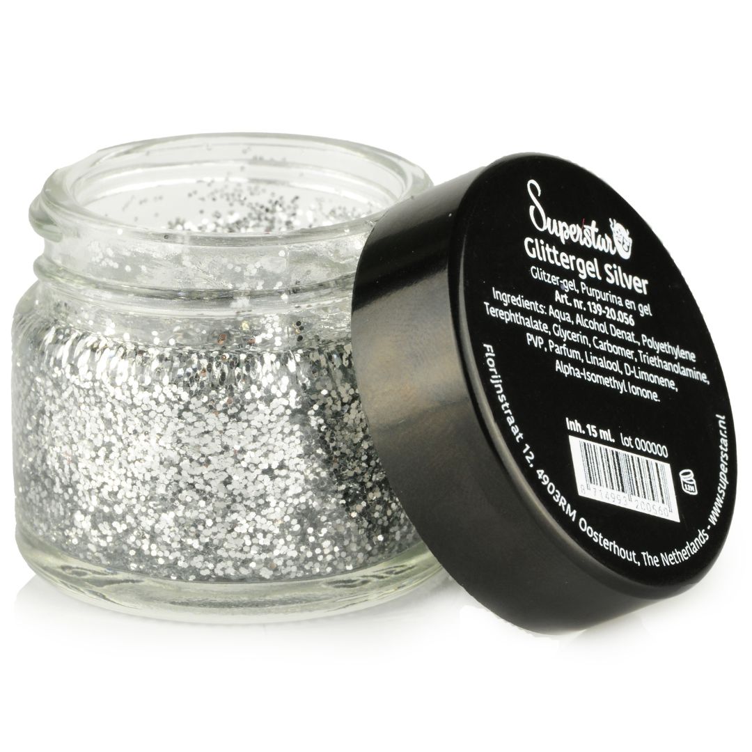 Superstar Glittergel Zilver 15ml met spiegelend glittereffect in zilverkleur, verkrijgbaar bij SchminkenGrime.nl