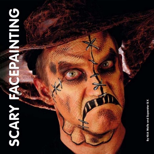 Boek Scary Face Painting van Nick Wolfe met enge schminkvoorbeelden en technieken voor facepaint en special effects, ideaal voor Halloween en professionals, verkrijgbaar bij SchminkenGrime.nl