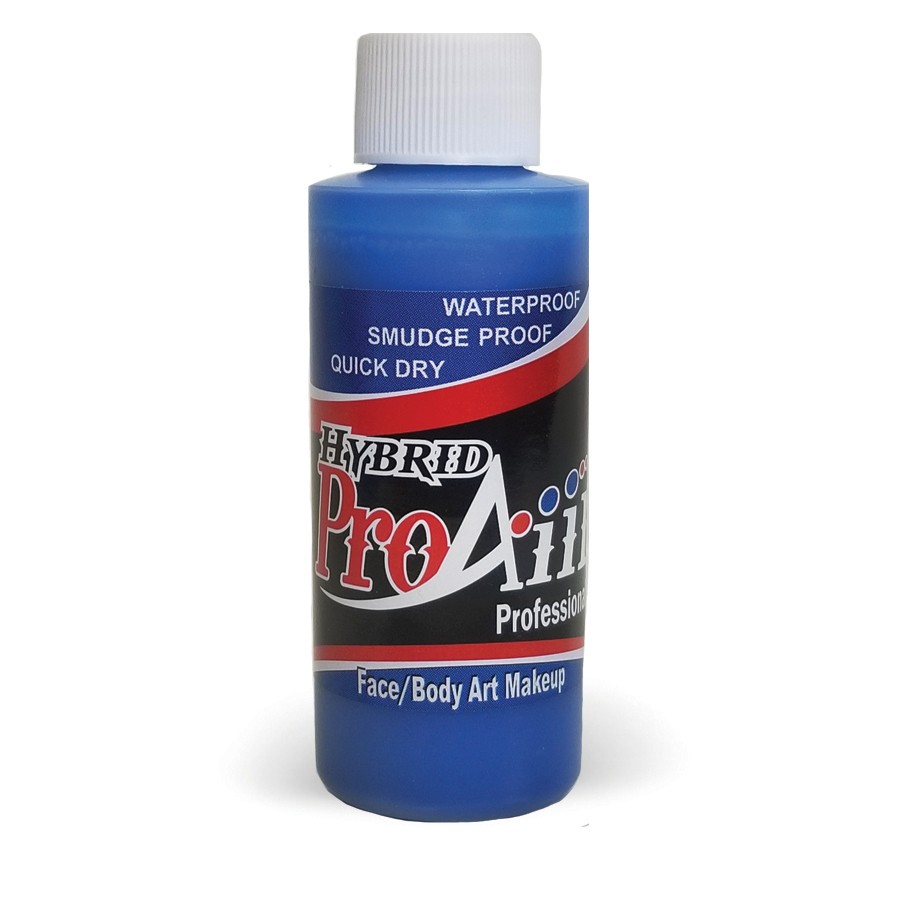 ProAiir Hybrid Flo Blue 60ml fles met fluorescerende blauwe airbrush schmink, op alcoholbasis en blacklight-reactief, verkrijgbaar bij SchminkenGrime.nl