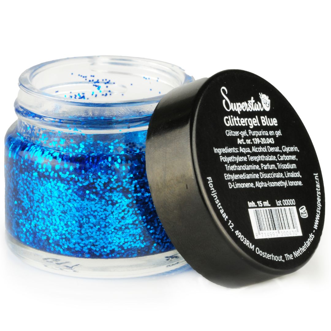 superstar glittergel blauw 15ml, intens blauwe glitters in stevige gel, verkrijgbaar bij SchminkenGrime.nl Superstar Glittergel Blauw 15ml met sprankelende blauwe tint, perfect voor creatieve ontwerpen, verkrijgbaar bij SchminkenGrime.nl