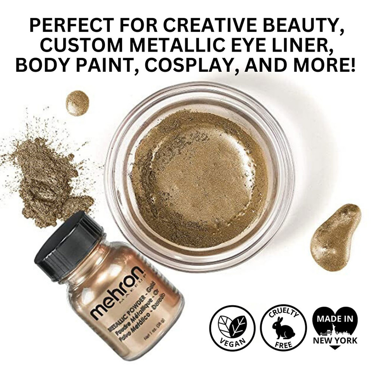 Koop Mehron Metallic Powder Gold (28g) bij SchminkenGrime.nl – voor bodypaint, eyeliner en SFX Mehron Metallic Powder Gold – verkrijgbaar bij SchminkenGrime.nl, ideaal voor bodypaint en metallic effecten
