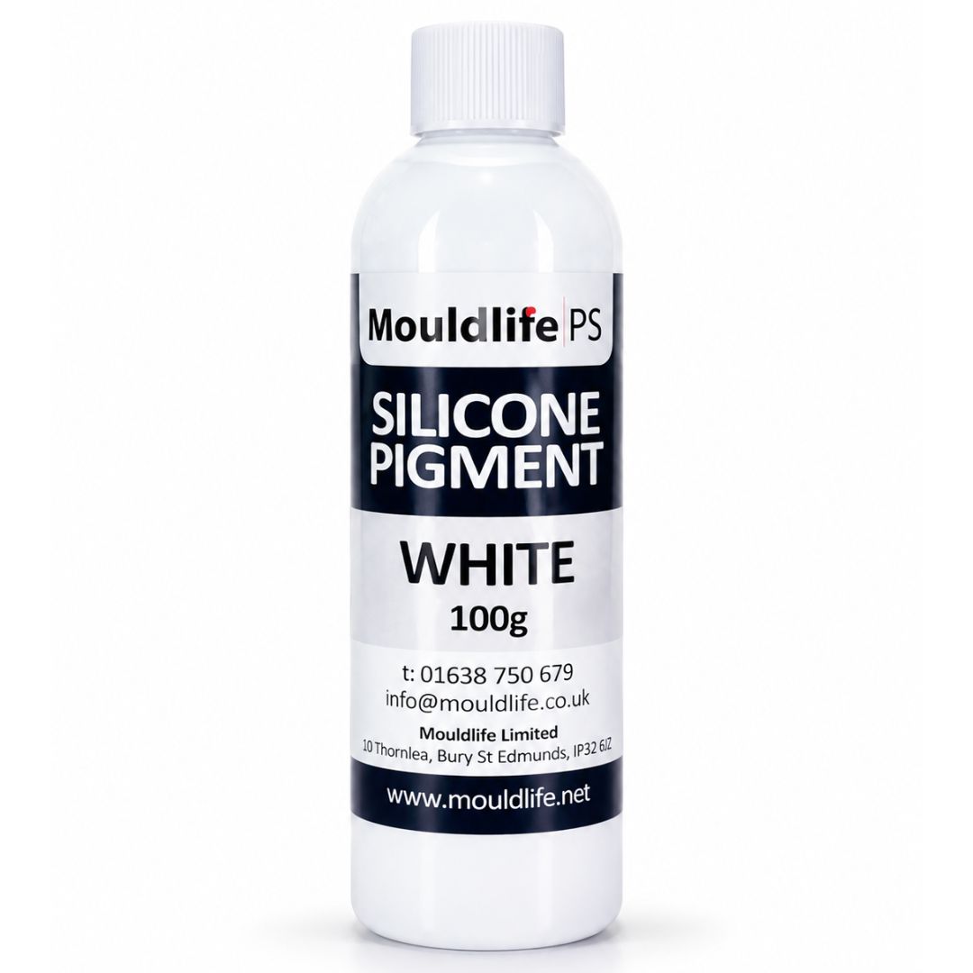 Mouldlife Silicone Pigment Wit 100 gram, hoog geconcentreerd siliconenpigment waarvan één druppel volstaat om silicone zoals Platsil te kleuren, voor SFX-prothesen verkrijgbaar bij SchminkenGrime.nl