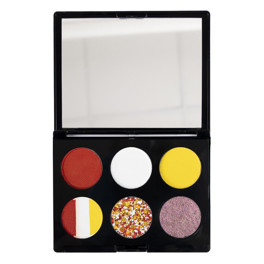 PXP Oeteldonk schmink en glitter mix palette in rood wit en geel, verkrijgbaar bij SchminkenGrime.nl