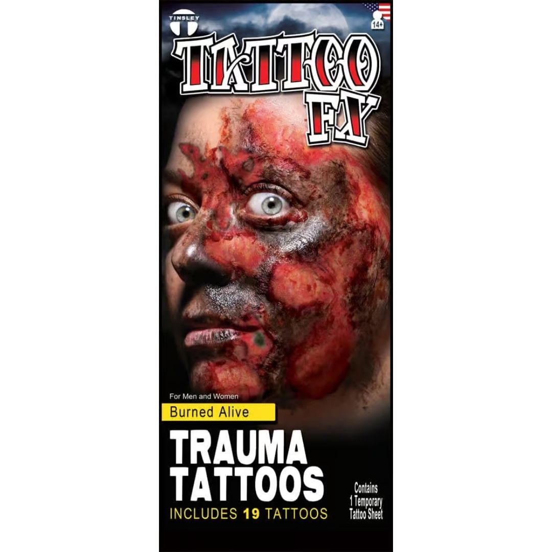 Productverpakking van de Tinsley Transfers Burned Alive Trauma Tattoos, met gruwelijke SFX-voorbeeldlook op model. Verkrijgbaar bij SchminkenGrime.nl