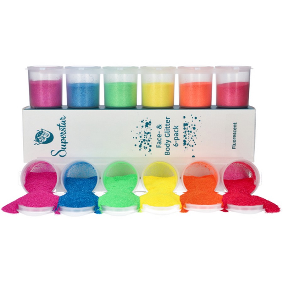 Superstar Fine Glitter Sixpack Fluorescent voor schmink en glittertattoos, verkrijgbaar bij SchminkenGrime.nl