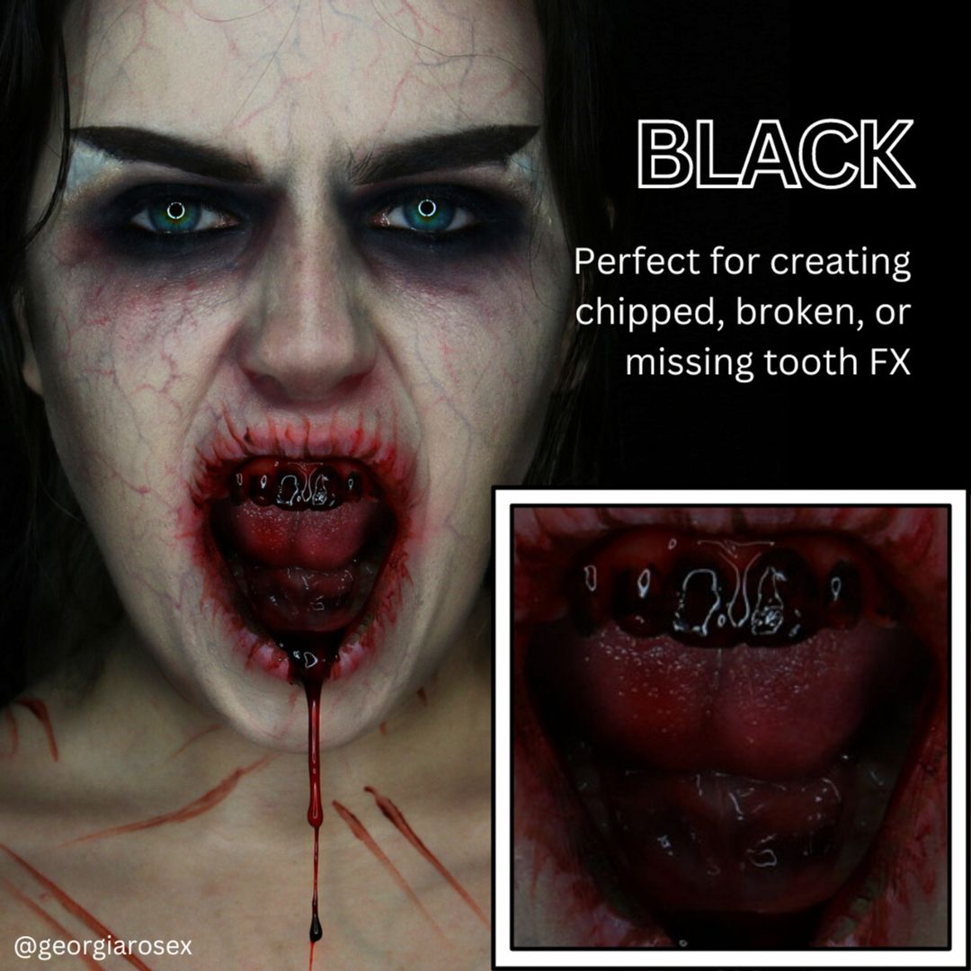 Horrorlook met Mehron Tooth FX Black | SchminkenGrime.nl Horror look met Mehron Tooth FX Black tandlak – geblakerde tanden effect | SchminkenGrime.nl