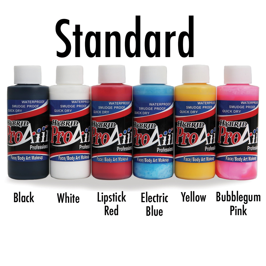 ProAiir Hybrid Colors Pack 6x30ml, professionele schminkset, verkrijgbaar bij SchminkenGrime.nl Tweede weergave van het ProAiir Hybrid Colors Pack (6x30ml), set met heldere airbrush schminkkleuren op alcoholbasis voor facepaint en bodypaint, verkrijgbaar bij SchminkenGrime.nl