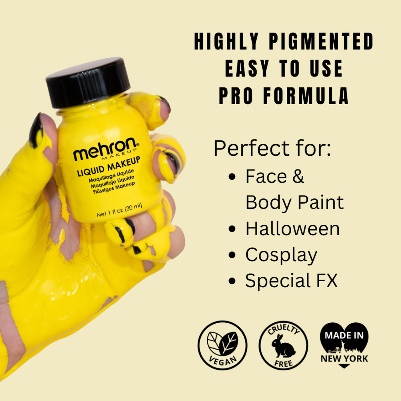 Informatieve afbeelding van Mehron Liquid Makeup Yellow (135ml), gele vloeibare schmink met sterke dekking, ideaal voor facepaint, creatieve looks en SFX, vegan en makkelijk afwasbaar, verkrijgbaar bij SchminkenGrime.nl