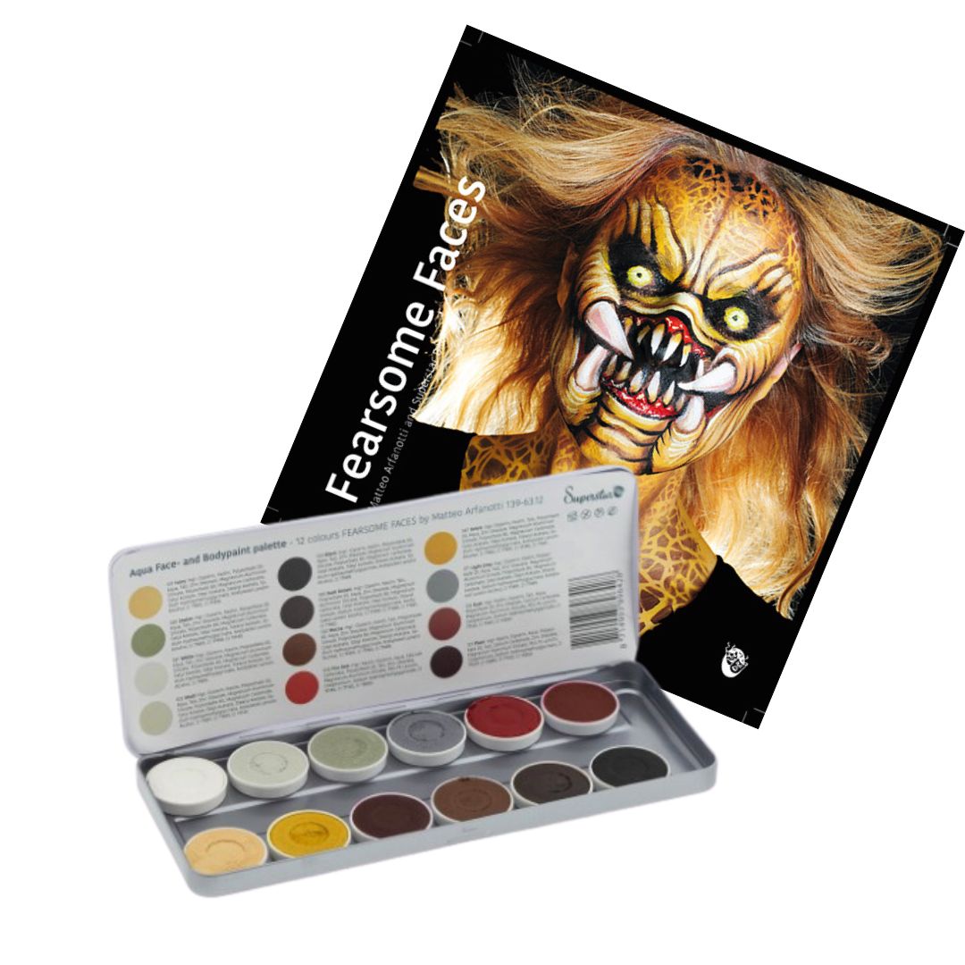 Superstar schminkpalet met 12 kleuren en het boek Fearsome Faces boordevol stoere schminkvoorbeelden, ideaal voor wie meteen aan de slag wil met creatieve designs, verkrijgbaar bij SchminkenGrime.nl