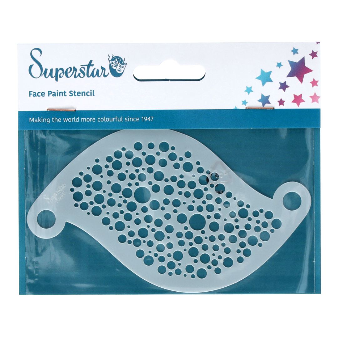 Superstar schminksjabloon Blox – verkrijgbaar bij SchminkenGrime.nl Superstar schminksjabloon Bubble met speels patroon van grote en kleine cirkels, ideaal voor kindergrime, verkrijgbaar bij SchminkenGrime.nl