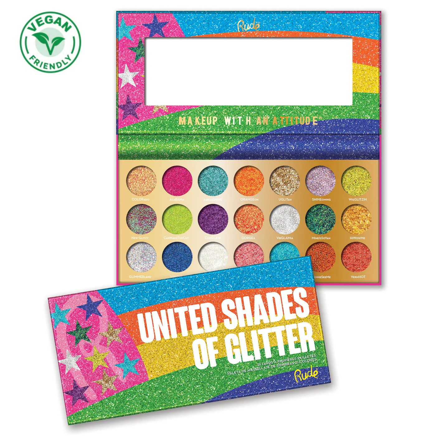 Rude Cosmetics United Shades of Glitter, Oogschaduw Palet (21 Kleuren)