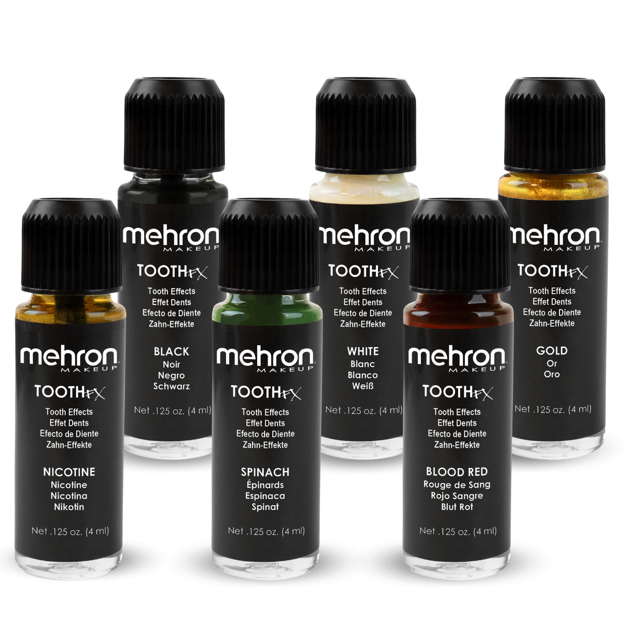 Alle kleuren Mehron Tooth FX kopen? Je vindt ze bij SchminkenGrime.nl Alle zes kleuren van Mehron Tooth FX tandlak – bestel eenvoudig bij SchminkenGrime.nl