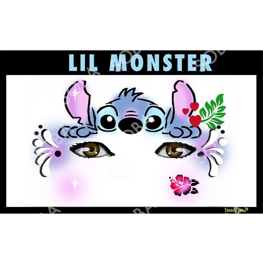 ProAiir StencilEyes Lil Monster airbrush sjabloon voor het voorhoofd, vrolijk blauw monstertje, verkrijgbaar bij SchminkenGrime.nl