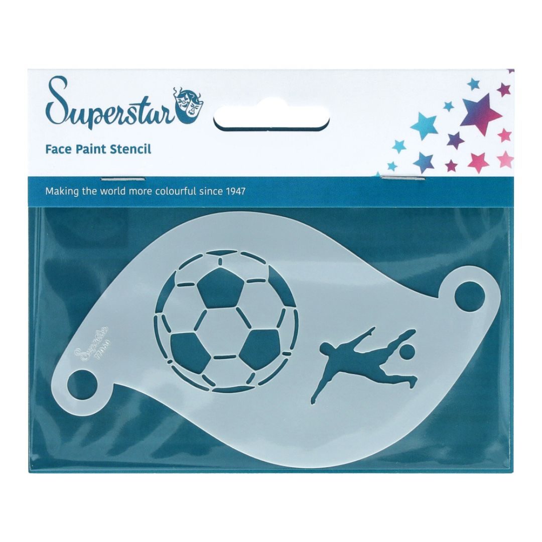 Schminksjabloon met voetbal en voetballer, populair voor sportfeesten of EK/WK schmink, verkrijgbaar bij SchminkenGrime.nl
