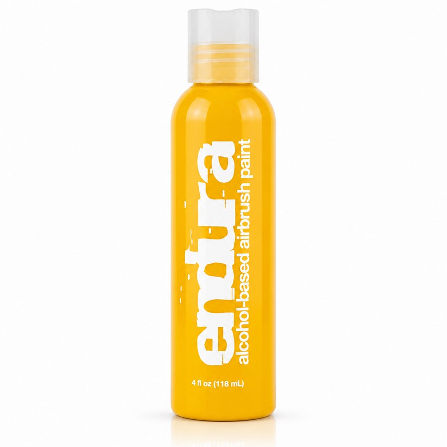 EBA Endura Yellow alcohol-based airbrush make-up in 120 ml verpakking met heldere gele kleur voor bodypaint, SFX en airbrush make-up, verkrijgbaar bij SchminkenGrime.nl