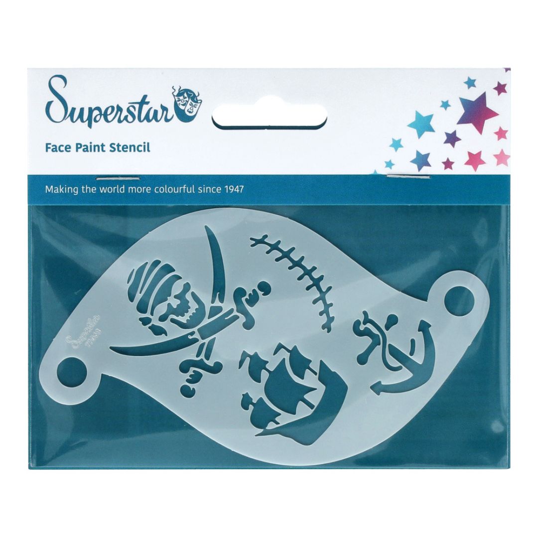 Superstar schminksjabloon Pirate – verkrijgbaar bij SchminkenGrime.nl Superstar schminksjabloon Pirate met doodskop, piratenschip, anker en kaartlijnen, perfect voor stoere schminklooks, verkrijgbaar bij SchminkenGrime.nl