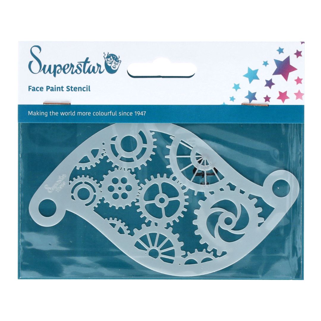 Superstar Steam Punk schminksjabloon met radars, verkrijgbaar bij SchminkenGrime.nl Gedetailleerd schminksjabloon van Superstar met tandwielen en radars – perfect voor steampunk designs en technische grime-looks, verkrijgbaar bij SchminkenGrime.nl