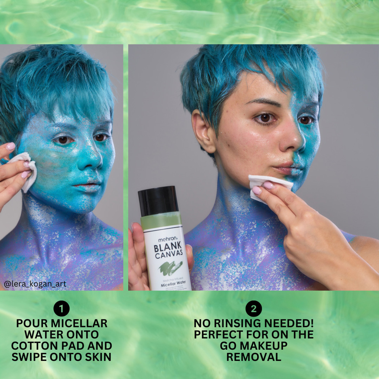Verwijder snel schmink zonder boenen – Mehron Micellar Water instructie tap-voor-stap instructie voor het gebruik van Mehron Blank Canvas Micellar Water om schmink en make-up snel te verwijderen