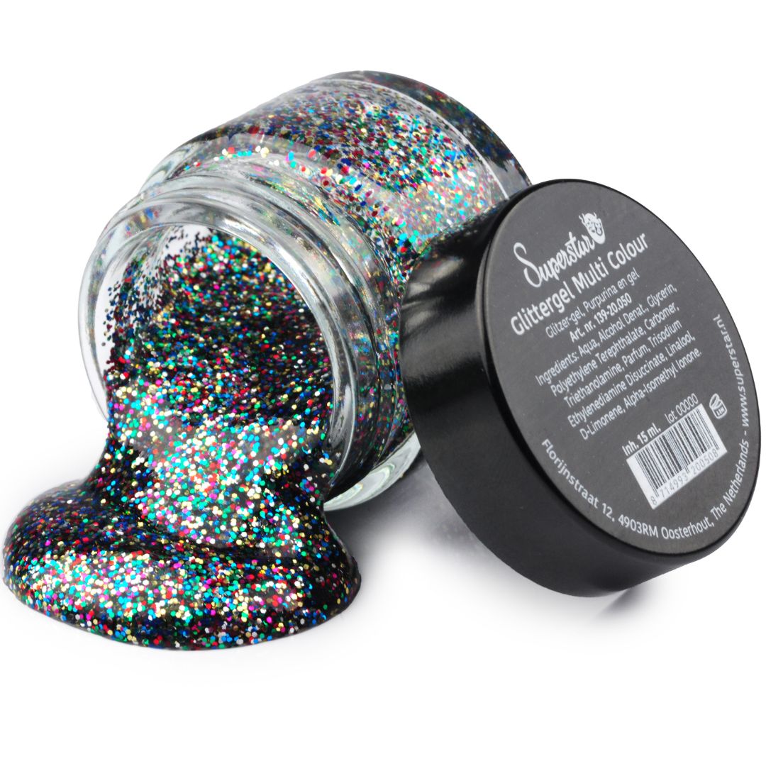 Superstar Glittergel Bont 15ml met vrolijke mix van glitters, geschikt voor schmink en decoratie, verkrijgbaar bij SchminkenGrime.nl