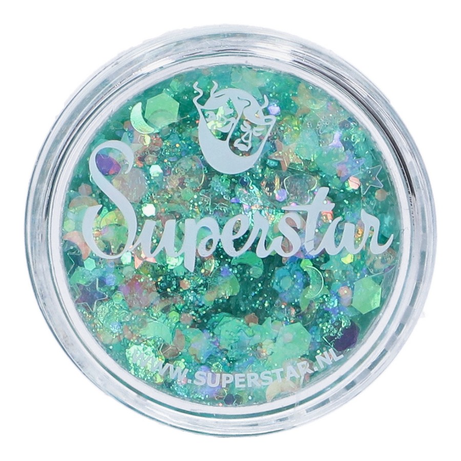 Superstar Chunky Glitter Cream Mermaid Muse aangebracht voor fantasy looks, verkrijgbaar bij SchminkenGrime.nl