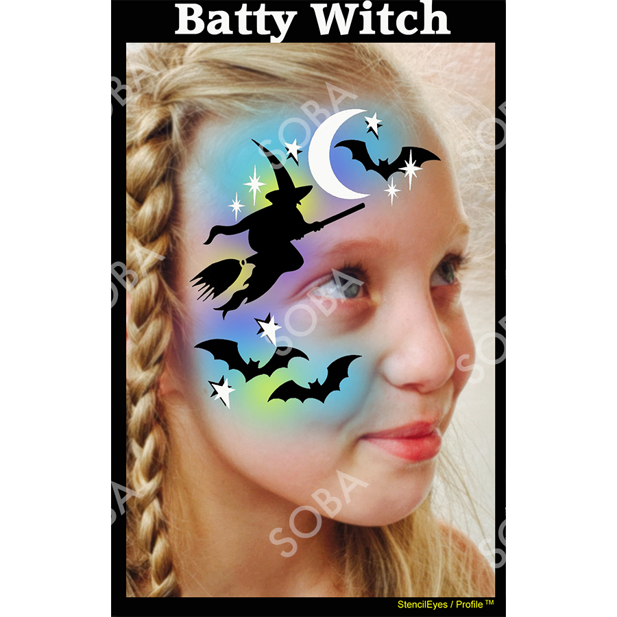 ProAiir Profile Stencil Batty Witch met een vliegende heks en vleermuizen, perfect voor Halloween schmink, verkrijgbaar bij SchminkenGrime.nl