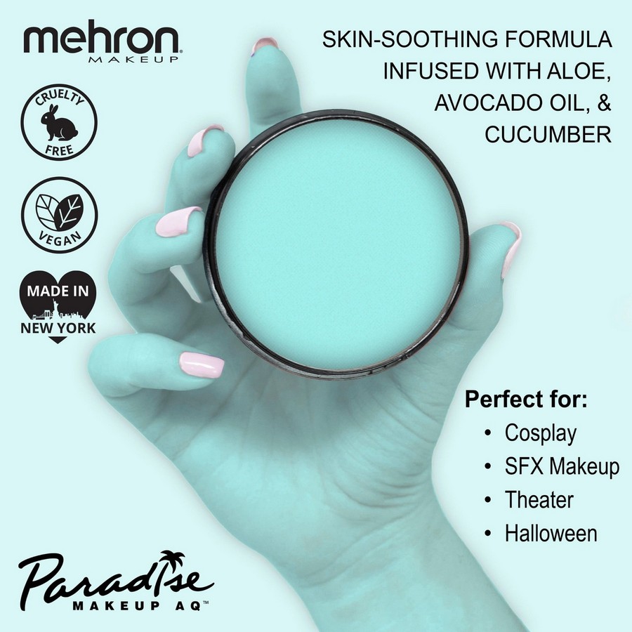Mehron Paradise Makeup AQ™ Pastel Teal (40 gram) in hand met info over vegan formule met aloë, avocado-olie en komkommer, geschikt voor SFX en cosplay.