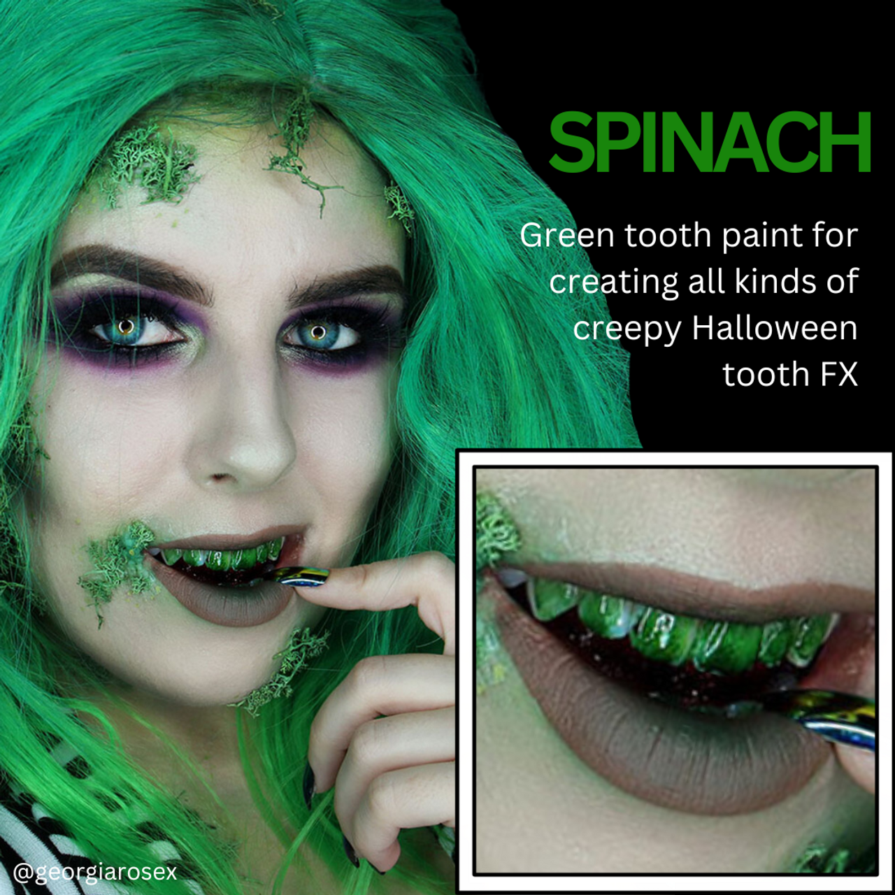 Creepy Halloween look met Mehron Tooth FX Spinach – verkrijgbaar bij SchminkenGrime.nl Groene tanden gemaakt met Mehron Tooth FX Spinach – perfect voor Halloween FX looks, via SchminkenGrime.nl